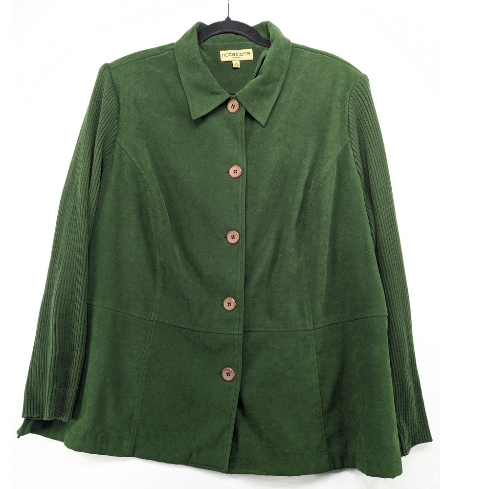 Notations Woman Green Faux Suede Ribbed Knit Sleeve Button Front Jacket 2X